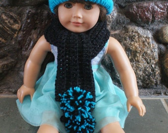 American Girl Doll Crochet Hat and Scarf Truquoise, Black Hat & Scarf Crochet Hat for Newborns 18 inch Doll PomPom Hat 18 Inch Doll Clothes