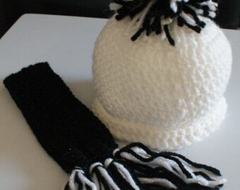 American Girl Doll Crochet Hat and Scarf White and Black Hat and Scarf Crochet Hat for Newborns 18 inch Doll PomPom Hat 18 Inch Doll Clothes