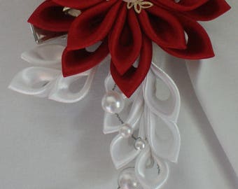 Hair Clip - Red White Kanzashi Flower with Pearls Wedding Hair Flowers
