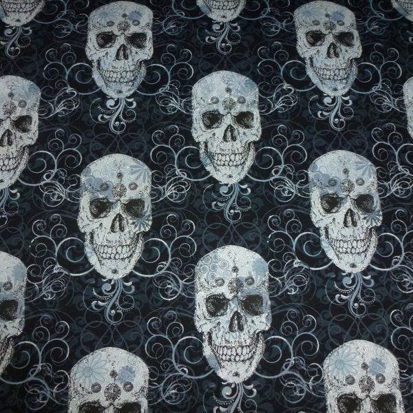 Fat Quarter, Timeless Treasures Skull Fabric, Glitter Fabric, Black Fabric, Bluish Grey Fabric, Silver Fabric, Floral Fabric, Goth Fabric,