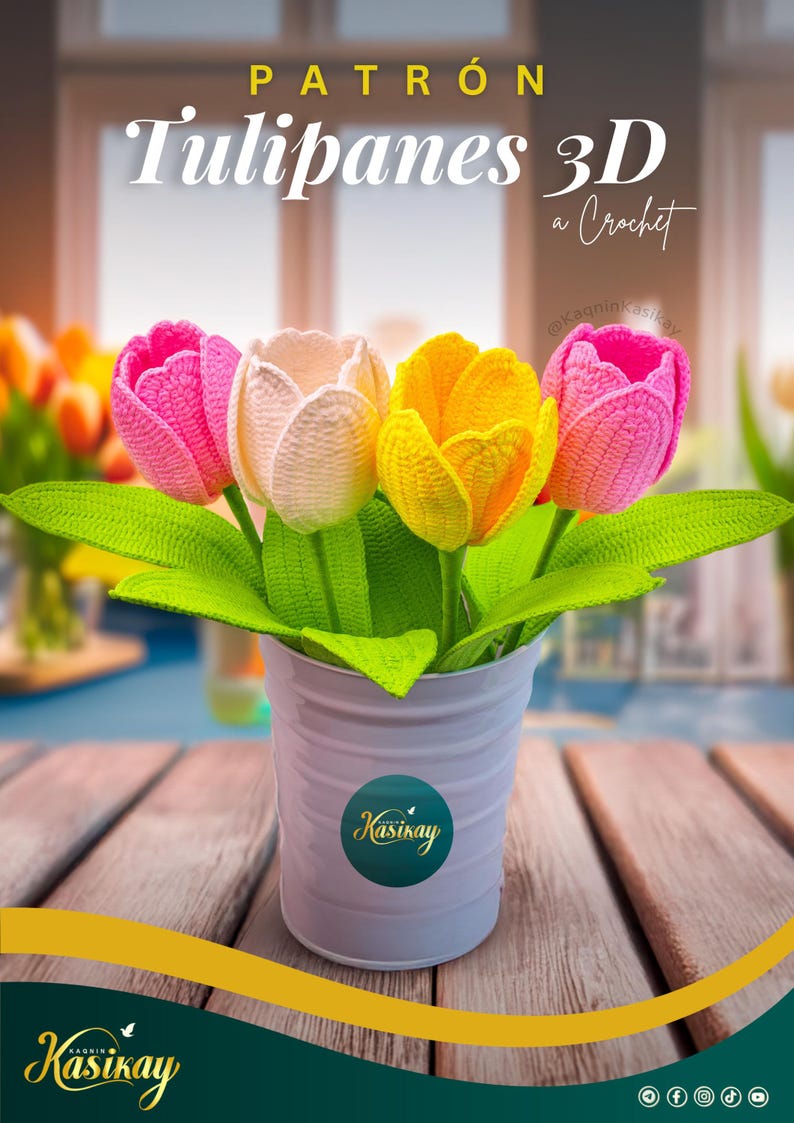 May include: A handmade crochet flower arrangement featuring four colorful tulips in a white metal pot. The tulips are pink, cream, and yellow, with green leaves. The image includes text that reads "PATR&Oacute;N Tulipanes 3D a Crochet".