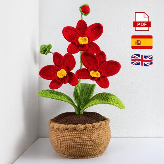 Patrón Orquídea con Maceta a Crochet – PDF Español & English | Flores Realistas 3D Crochet Pattern with Pot