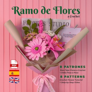 Handcrafted Crochet Flower Bouquet Pattern Pack with Step-by-Step Videos - PDF Files in English and Spanish - Decorative Floral Tutorial