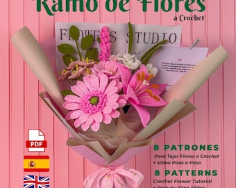 Handcrafted Crochet Flower Bouquet Pattern Pack with Step-by-Step Videos - PDF Files in English and Spanish - Decorative Floral Tutorial