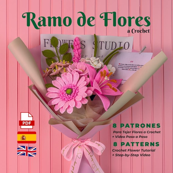 Häkelanleitung für einen handgefertigten Blumenstrauß mit Schritt-für-Schritt-Videos – PDF-Dateien in Englisch und Spanisch – Dekorative Blumenanleitung