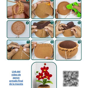 May include: Step-by-step crochet instructions for a small flower pot, with images showing the process. The finished pot is brown with a decorative edge, and the image includes a crocheted flower arrangement. The text "Maceta Imagenes" is at the top.