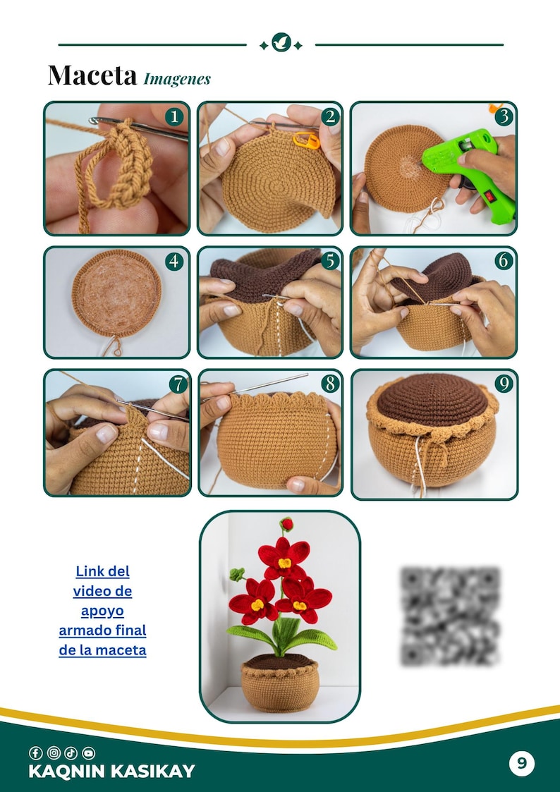 May include: Step-by-step crochet instructions for a small flower pot, with images showing the process. The finished pot is brown with a decorative edge, and the image includes a crocheted flower arrangement. The text "Maceta Imagenes" is at the top.