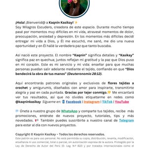 May include: A promotional image for Kaqnin Kasikay, featuring a woman with a pink flower. The text promotes crochet and amigurumi patterns, workshops, and social media links. The image is in Spanish and includes copyright information.