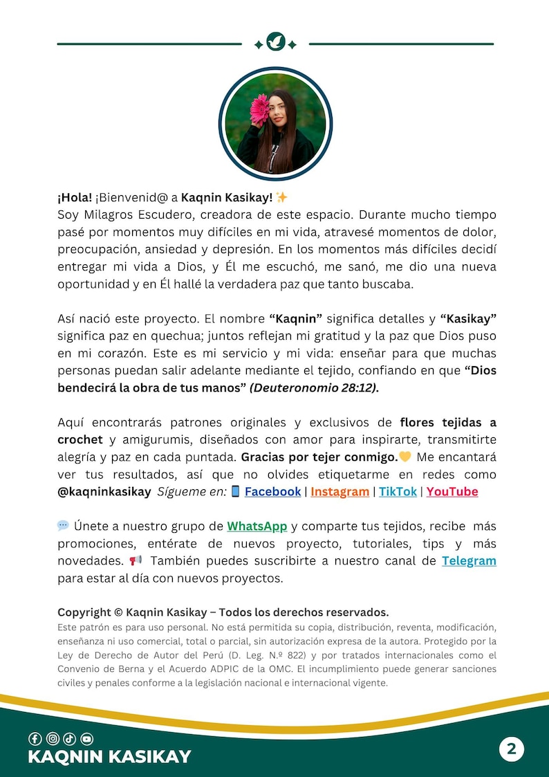 May include: A promotional image for Kaqnin Kasikay, featuring a woman with a pink flower. The text promotes crochet and amigurumi patterns, workshops, and social media links. The image is in Spanish and includes copyright information.