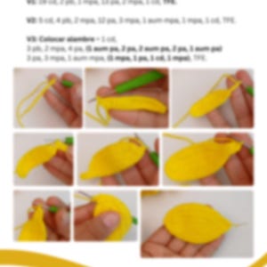 May include: A step-by-step guide with images for crocheting a yellow petal. The instructions are in Spanish, with text and diagrams showing the process. The images show the petal being formed with a crochet hook and yarn.