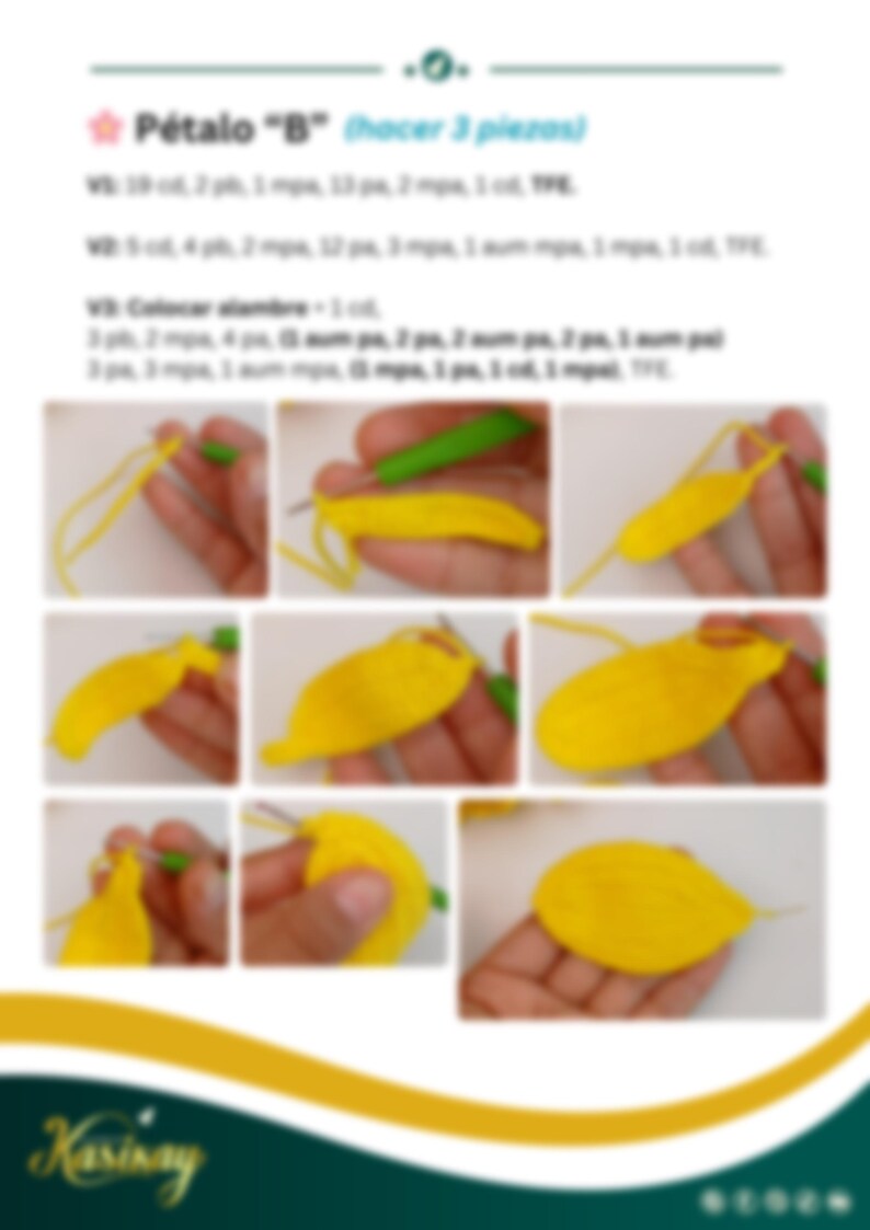 May include: A step-by-step guide with images for crocheting a yellow petal. The instructions are in Spanish, with text and diagrams showing the process. The images show the petal being formed with a crochet hook and yarn.