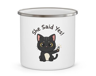 「彼女はイエスと言った」指輪を持った猫のマグカップ｜婚約プロポーズ｜パーソナライズギフト｜彼または彼女へのギフト｜結婚式｜マグカップ｜コーヒーマグ｜カスタムカップ