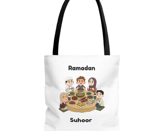 ラマダン・スフール・トートバッグ、家族のイラスト、ポリエステル製食料品バッグ