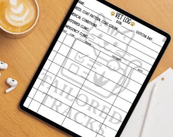 Puede incluir: Una tableta digital que muestra un registro veterinario para mascotas con campos para nombre, raza, condiciones médicas y tratamientos. El registro incluye el texto "VET LOG" y "TAILORED TRACKS". Una taza de café y auriculares inalámbricos son visibles.