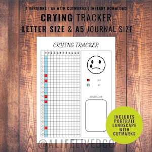 Pode incluir: Rastreador de choro imprimível com uma grade para cada dia do mês. O rastreador inclui uma seção para reflexão e um ícone de rosto triste com uma lágrima. O texto "Sim" e "Não" estão ao lado de quadrados vermelhos e azuis, respectivamente. O texto "Inclui Retrato Paisagem com Marcas de Corte" está em um círculo amarelo.