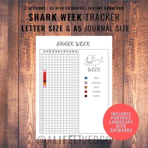 May include: Printable shark week tracker with a black and white cartoon shark illustration. The tracker has a grid with 31 days and a color key for marking shark sightings. The color key includes none, spotting, light, regular, and wavy.