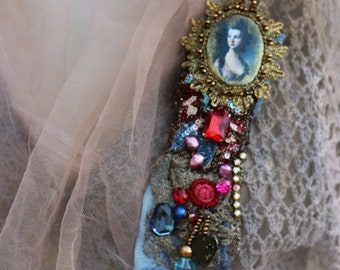 embroidered ornate brooch&pendant “little ornament" mixed media, antique textiles, vintage trims and lace, embroidered