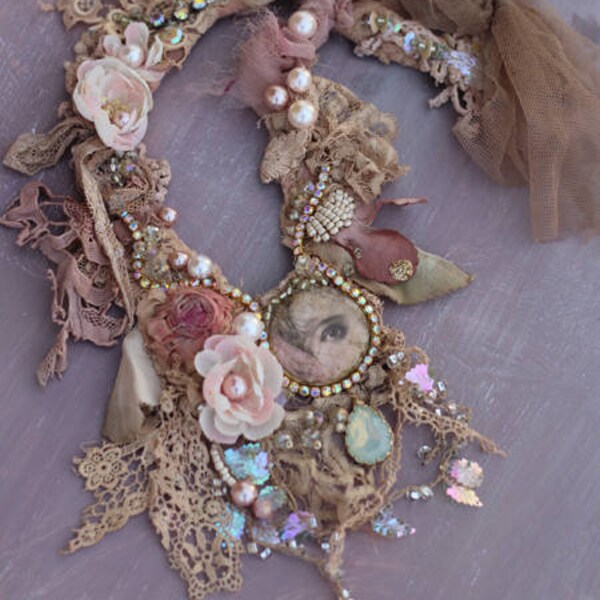 Apple blossoms necklace, bold shabby chic necklace,  statement necklace, from vintage textiles, vintage finds, silk, embroidery