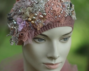 artsy boho  1920 inspired  Summer cotton knit cap hat  "Fleurs Boheme" boho hippie hat, embroidered beaded accents, textile collage
