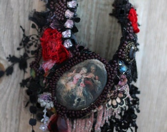 FleursBoheme assemblage necklace "Eclectic: Baroque " hand stitched statement necklace, from antique vintage textiles, vintage finds