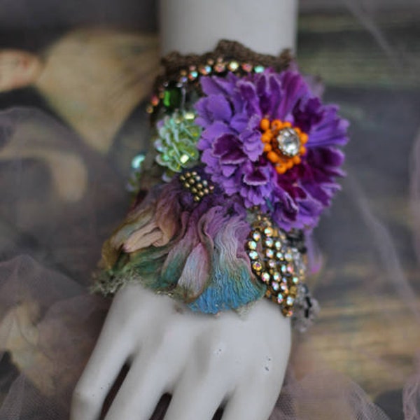Aster cuff,  bold ornate  cuff/wrist wrap with antique laces, bohemian wrist wrap,beading and crystals