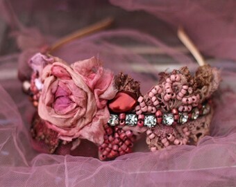 embroidered beaded headband  "Vintage& boho" romantic floral crown tiara  with vintage and antique textiles, gift for her, summer bridal