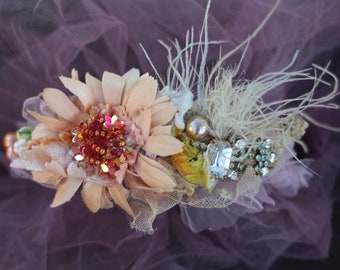 boho chic tiara "Gerbera", headband,  embroidered and beaded headband with vintage and antique textiles, bridal tiara