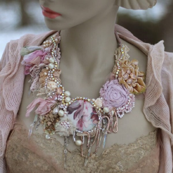 FleursBoheme  original style assemblage necklace "Eclectic: Spring " hand stitched statement necklace, from vintage textiles, vintage finds