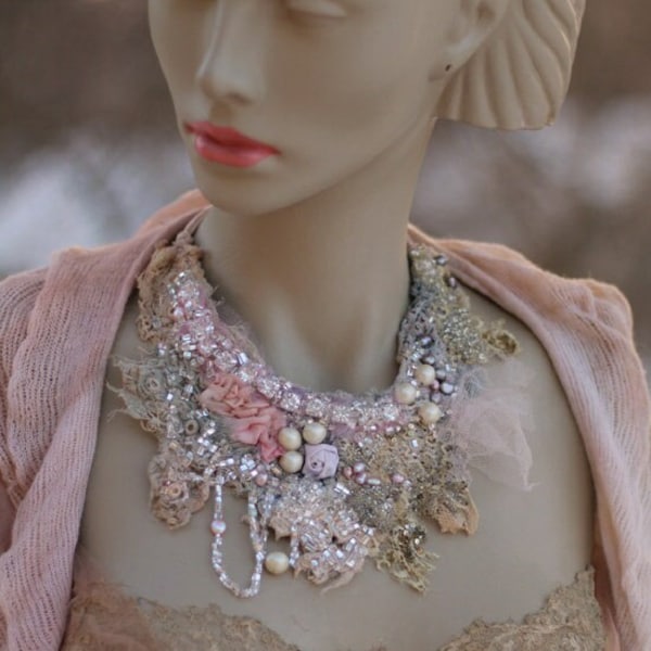 FleursBoheme  original style assemblage necklace "Baroque& Spring " hand stitched statement necklace, from vintage textiles, vintage finds