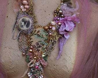 FleursBoheme  original style assemblage necklace "Eclectic: Deco " hand stitched statement necklace, from vintage textiles, vintage finds