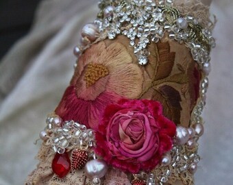 antique textiles and laces boho cuff,  wrist wrap, "Antique rose" -  bohemian romantic, beading and crystals, romantic gift,