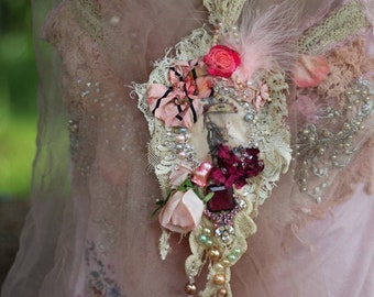 artsy fairy doll broochpendant rococo fairy mixed media hand beadedstitched from antique laces and trims doll art pin