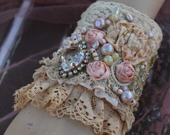 FleursBoheme boho chic cuff  "Powder& pink" antique laces  embroidered wrist wrap,  bohemian romantic