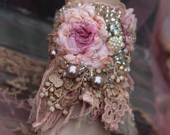 Boho cuff, bold embroidered wrist wrap, "Rose&sparkle " -  with antique textiles, bohemian romantic, beading and crystals, romantic gift,