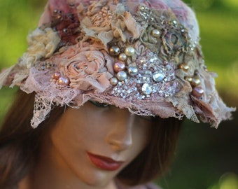 artsy boho bucket hat with vintage laces,  "Fleurs Boheme" boho hippie hat, hand dyed embroidered beaded accents, textile collage