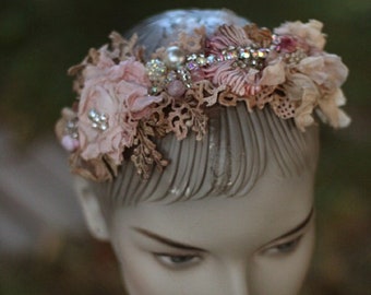 embroidered beaded headband  "Vintage& boho" romantic floral crown tiara  with vintage and antique textiles, gift for her, summer bridal