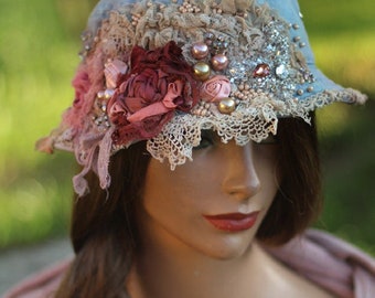 artsy boho bucket hat with vintage laces,  "Fleurs Boheme" boho hippie hat, hand dyed embroidered beaded accents, textile collage