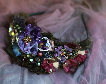 embroidered beaded wide headband  &quot;Victorian& boho&quot; romantic floral crown tiara  with vintage and antique textiles, gift for her,