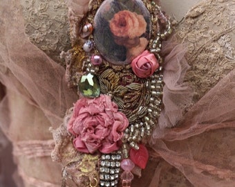 embroidered pendant necklace/brooch “Ornate" mixed media, antique  vintage trims and lace, embroidered and beaded brooch,
