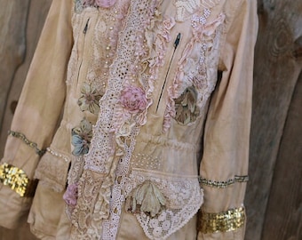 FleursBoheme artsy boho jacket "Vintage collage" hand dyed romantic altered couture, whimsy reworked jacket, gypsy romantic, embroidered