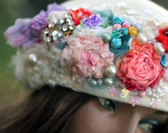 artsy boho embroidered beret  "Fleurs Boheme"  boho hippie hat, embroidered beaded accents, textile collage