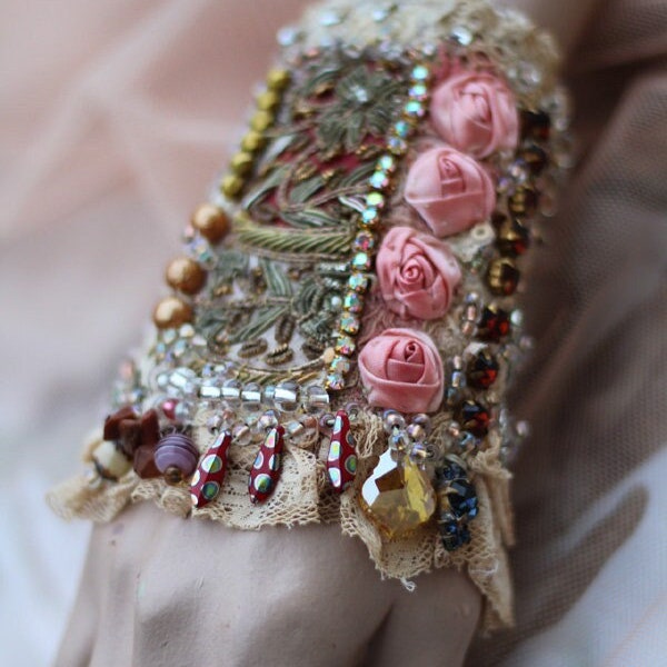 FleursBoheme boho chic cuff  "Brocante" antique laces  embroidered wrist wrap,  bohemian romantic