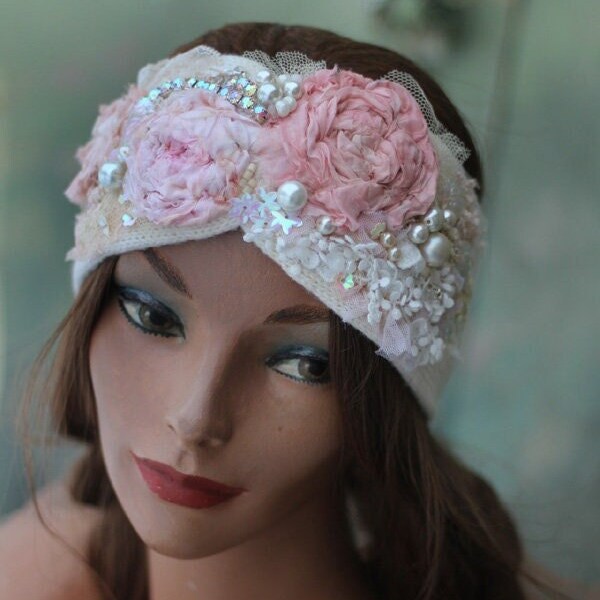 soft knitted embroidered beaded headband "Ballett& boho"romantic floral headband  with vintage and antique textiles, warm accessory