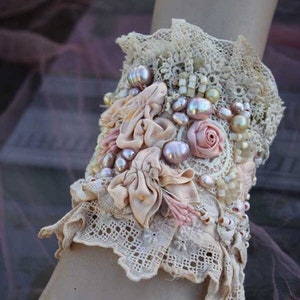 FleursBoheme boho chic cuff  "Powder& pink" antique laces  embroidered wrist wrap,  bohemian romantic