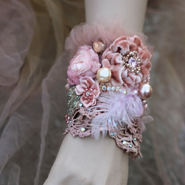 FleursBoheme boho chic cuff, embroidered wrist wrap "pink roses" -  with antique laces, bohemian romantic , beaded, romantic gift,