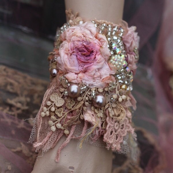 Boho cuff, bold embroidered wrist wrap, "Rose&sparkle " -  with antique textiles, bohemian romantic, beading and crystals, romantic gift,