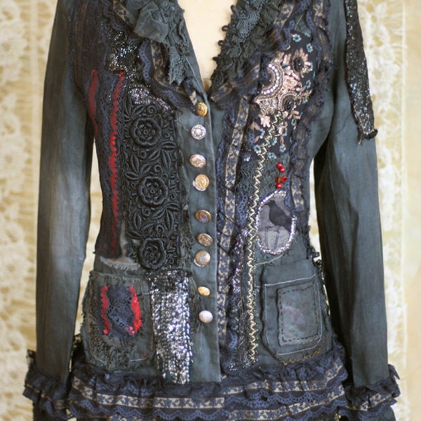 SALE Steampunk jacket - extravagant  reworked vintage jacket, wearable art, hand embroidered and beaded details,
