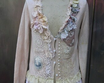 boho artsy soft cardi jacket "Foggy gray"  vintage trims, vintage laces, beads, crystals