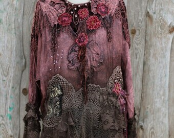 artsy hand dyed tunic  "Woodland&roses "  boho chic altered couture, wearable art, ornate blouse  gypsy romantic