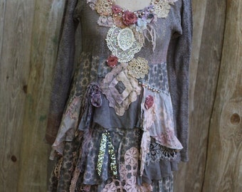 FleursBoheme boho dress "Gypsy girl" layered look hand dyed boho romantic dress, embroidered details, embroidered